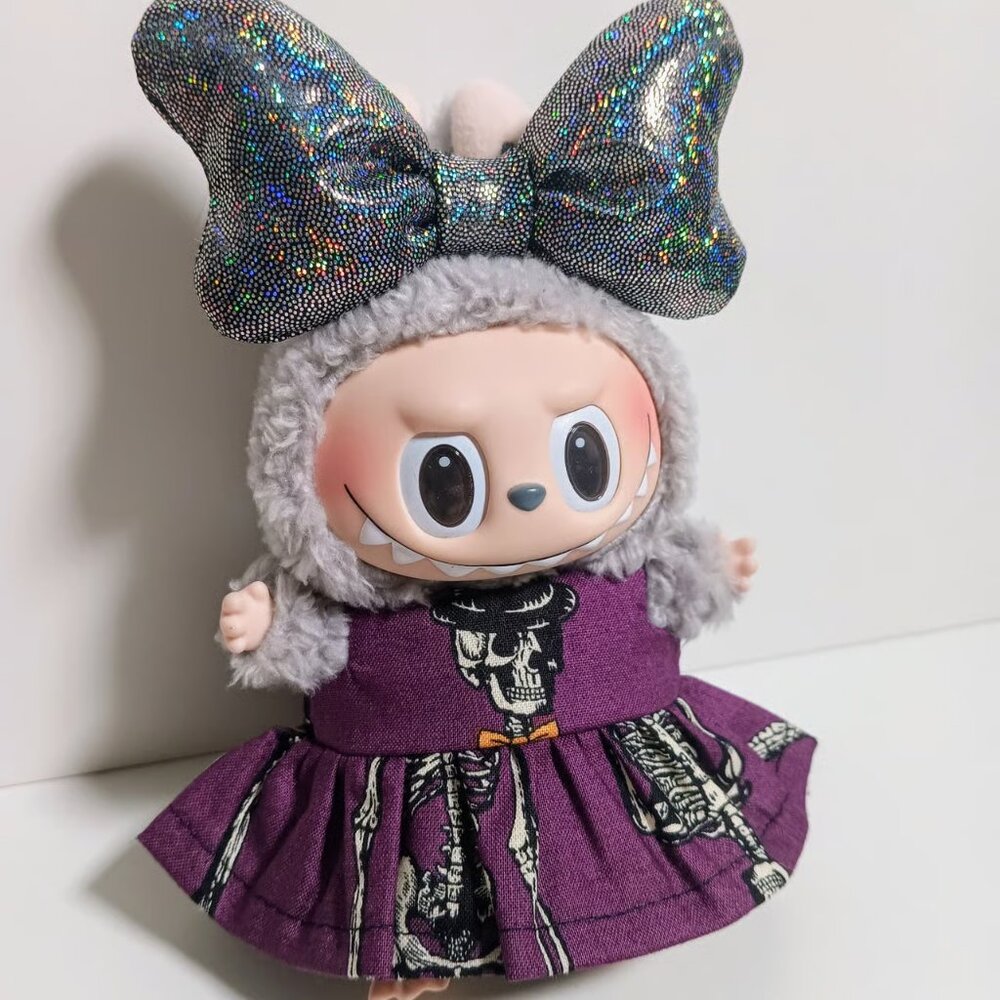 Halloween Skeleton Dress with Oversized Hologram Metallic Bow Labubu Outfit - Picture 2 of 6
